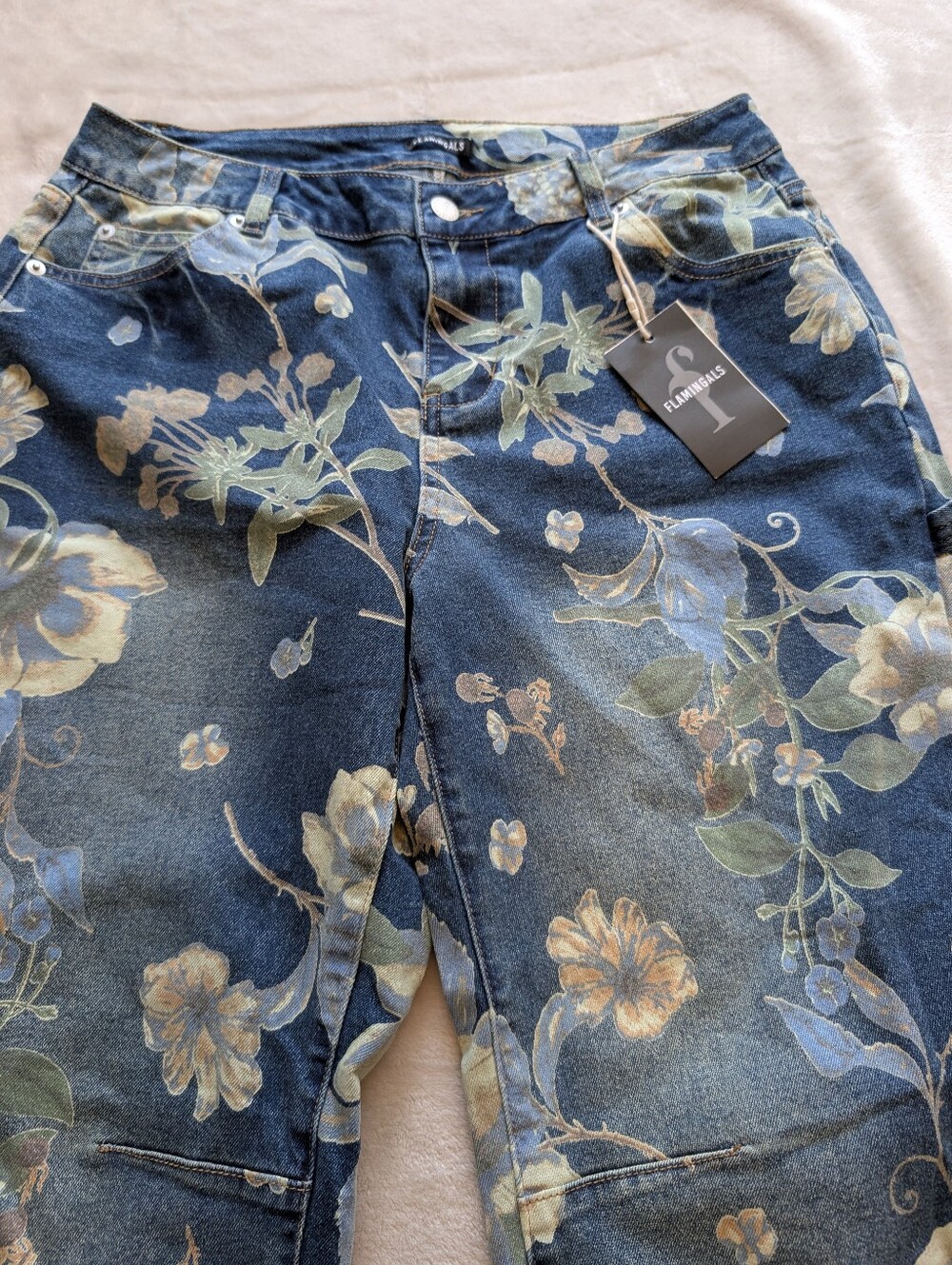 Flamingals Floral Print Flap Pocket Mid Rise Barrel Leg Crop Jeans NWT - Picture 7 of 12